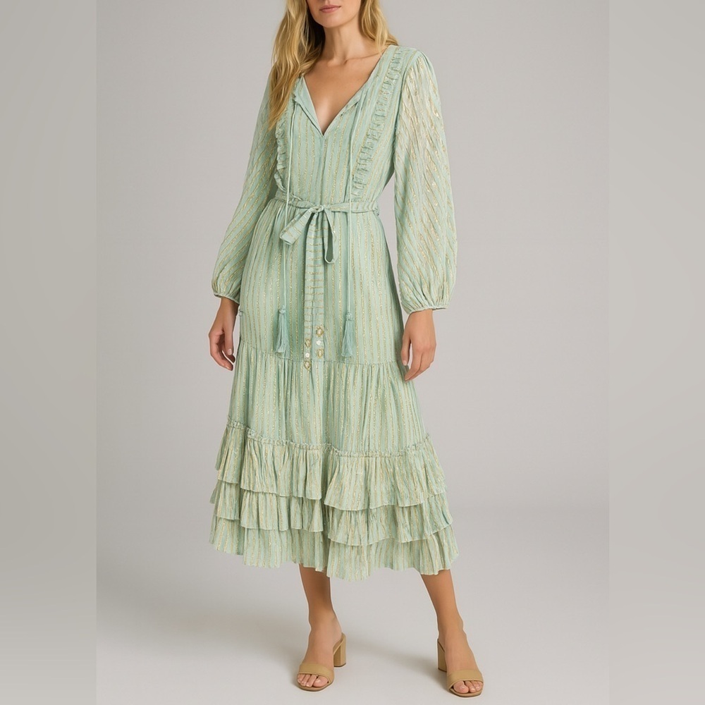 karina grimaldi metallic gold striped tiered midi dress